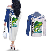 Mahi Mahi Fish Couples Matching Off The Shoulder Long Sleeve Dress and Long Sleeve Button Shirt Nautical Anchors and Wave Splash on White and Blue Split Background - Wonder Print Shop
