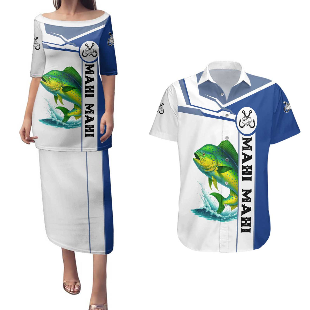 Mahi Mahi Fish Couples Matching Puletasi and Hawaiian Shirt Nautical Anchors and Wave Splash on White and Blue Split Background - Wonder Print Shop