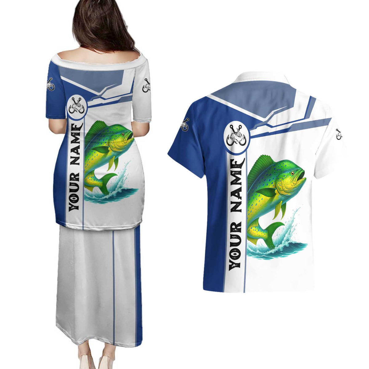 Mahi Mahi Fish Couples Matching Puletasi and Hawaiian Shirt Nautical Anchors and Wave Splash on White and Blue Split Background - Wonder Print Shop