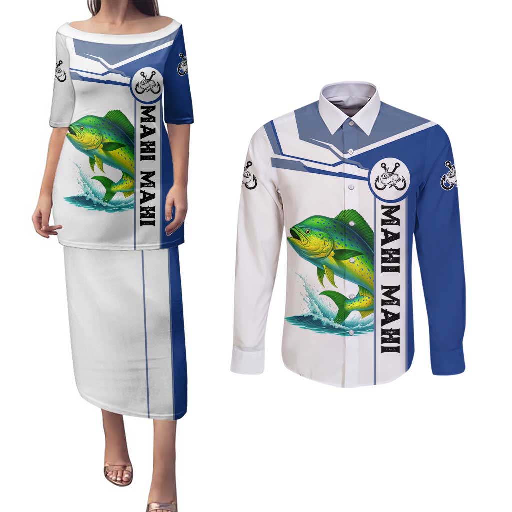 Mahi Mahi Fish Couples Matching Puletasi and Long Sleeve Button Shirt Nautical Anchors and Wave Splash on White and Blue Split Background - Wonder Print Shop
