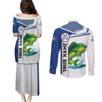 Mahi Mahi Fish Couples Matching Puletasi and Long Sleeve Button Shirt Nautical Anchors and Wave Splash on White and Blue Split Background - Wonder Print Shop