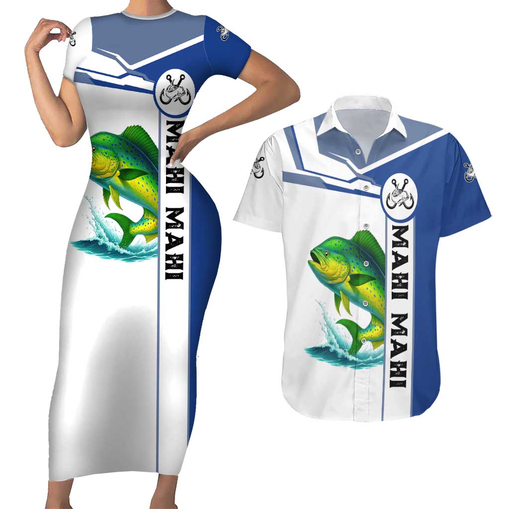 Mahi Mahi Fish Couples Matching Short Sleeve Bodycon Dress and Hawaiian Shirt Nautical Anchors and Wave Splash on White and Blue Split Background - Wonder Print Shop