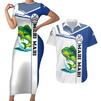 Mahi Mahi Fish Couples Matching Short Sleeve Bodycon Dress and Hawaiian Shirt Nautical Anchors and Wave Splash on White and Blue Split Background - Wonder Print Shop