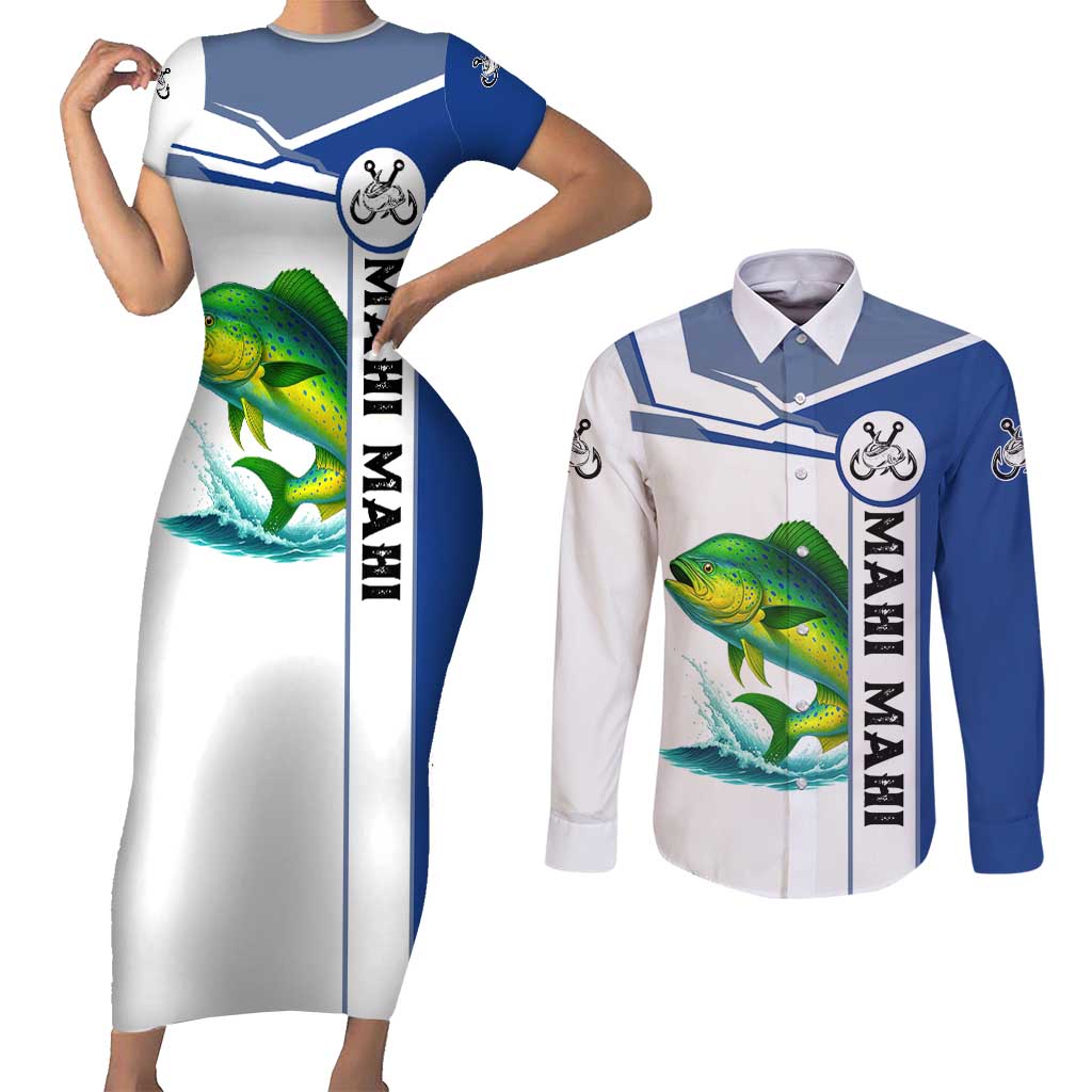 Mahi Mahi Fish Couples Matching Short Sleeve Bodycon Dress and Long Sleeve Button Shirt Nautical Anchors and Wave Splash on White and Blue Split Background - Wonder Print Shop