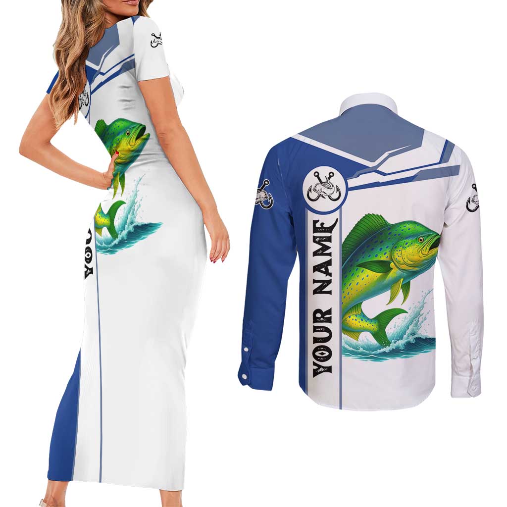 Mahi Mahi Fish Couples Matching Short Sleeve Bodycon Dress and Long Sleeve Button Shirt Nautical Anchors and Wave Splash on White and Blue Split Background - Wonder Print Shop
