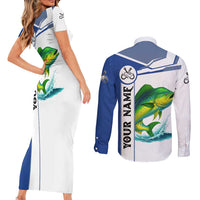 Mahi Mahi Fish Couples Matching Short Sleeve Bodycon Dress and Long Sleeve Button Shirt Nautical Anchors and Wave Splash on White and Blue Split Background - Wonder Print Shop
