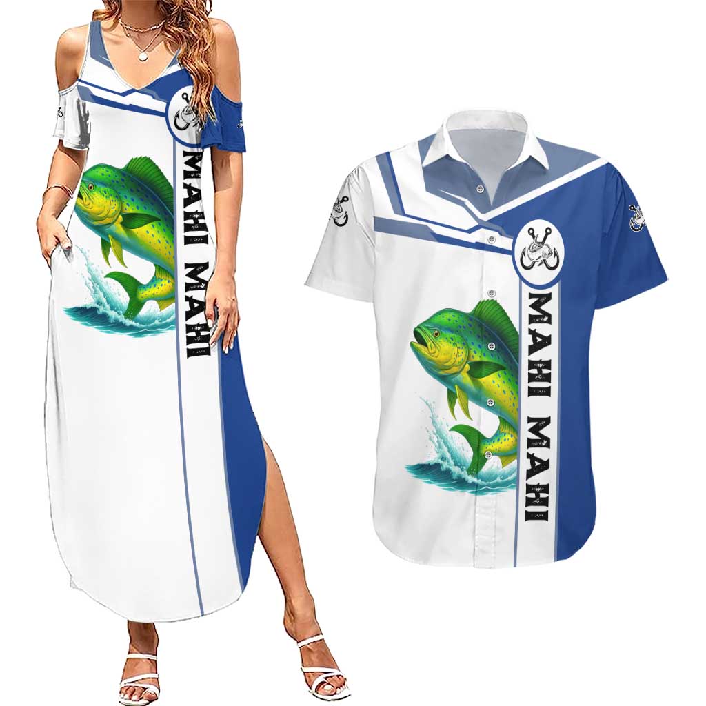 Mahi Mahi Fish Couples Matching Summer Maxi Dress and Hawaiian Shirt Nautical Anchors and Wave Splash on White and Blue Split Background - Wonder Print Shop