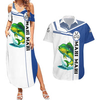 Mahi Mahi Fish Couples Matching Summer Maxi Dress and Hawaiian Shirt Nautical Anchors and Wave Splash on White and Blue Split Background - Wonder Print Shop