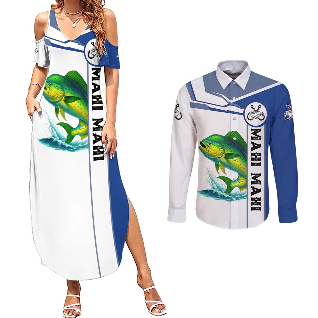 Mahi Mahi Fish Couples Matching Summer Maxi Dress and Long Sleeve Button Shirt Nautical Anchors and Wave Splash on White and Blue Split Background - Wonder Print Shop
