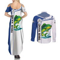 Mahi Mahi Fish Couples Matching Summer Maxi Dress and Long Sleeve Button Shirt Nautical Anchors and Wave Splash on White and Blue Split Background - Wonder Print Shop