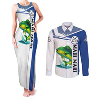 Mahi Mahi Fish Couples Matching Tank Maxi Dress and Long Sleeve Button Shirt Nautical Anchors and Wave Splash on White and Blue Split Background - Wonder Print Shop
