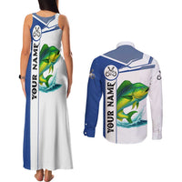 Mahi Mahi Fish Couples Matching Tank Maxi Dress and Long Sleeve Button Shirt Nautical Anchors and Wave Splash on White and Blue Split Background - Wonder Print Shop