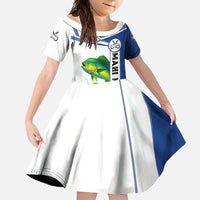 Mahi Mahi Fish Family Matching Long Sleeve Bodycon Dress and Hawaiian Shirt Nautical Anchors and Wave Splash on White and Blue Split Background - Wonder Print Shop