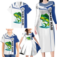 Mahi Mahi Fish Family Matching Long Sleeve Bodycon Dress and Hawaiian Shirt Nautical Anchors and Wave Splash on White and Blue Split Background - Wonder Print Shop