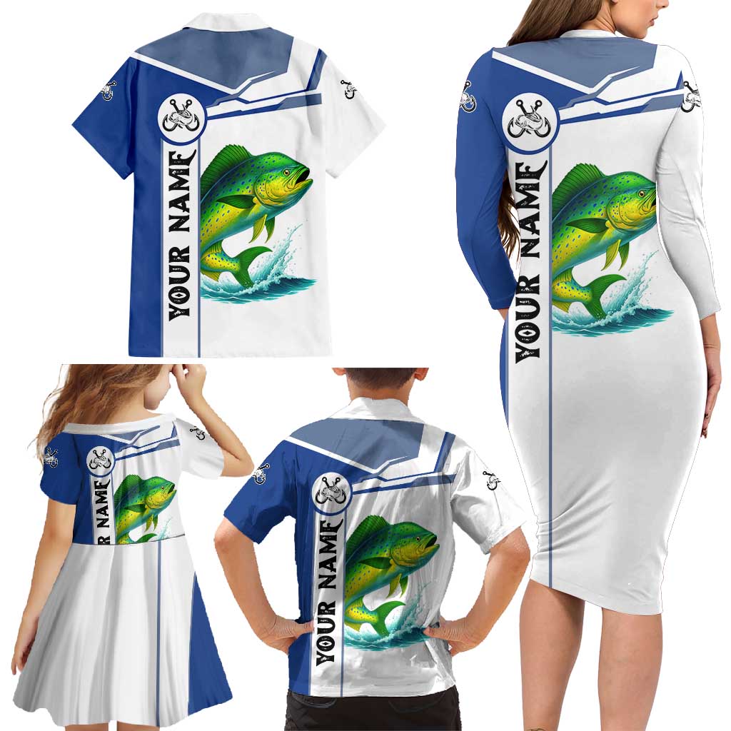 Mahi Mahi Fish Family Matching Long Sleeve Bodycon Dress and Hawaiian Shirt Nautical Anchors and Wave Splash on White and Blue Split Background - Wonder Print Shop