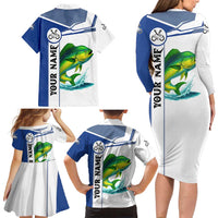 Mahi Mahi Fish Family Matching Long Sleeve Bodycon Dress and Hawaiian Shirt Nautical Anchors and Wave Splash on White and Blue Split Background - Wonder Print Shop