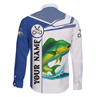 Mahi Mahi Fish Family Matching Long Sleeve Bodycon Dress and Hawaiian Shirt Nautical Anchors and Wave Splash on White and Blue Split Background - Wonder Print Shop