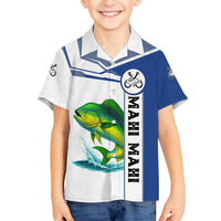 Mahi Mahi Fish Family Matching Long Sleeve Bodycon Dress and Hawaiian Shirt Nautical Anchors and Wave Splash on White and Blue Split Background - Wonder Print Shop