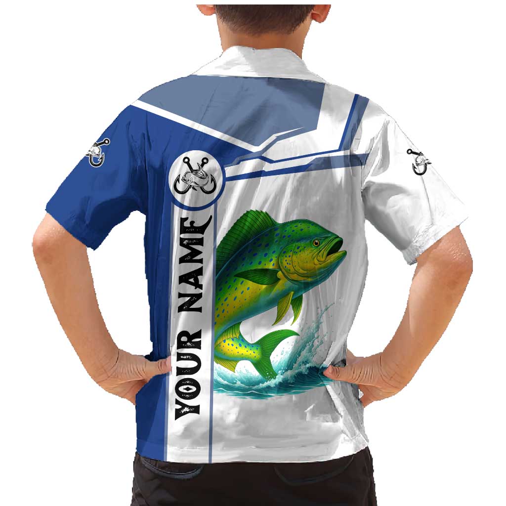 Mahi Mahi Fish Family Matching Mermaid Dress and Hawaiian Shirt Nautical Anchors and Wave Splash on White and Blue Split Background - Wonder Print Shop