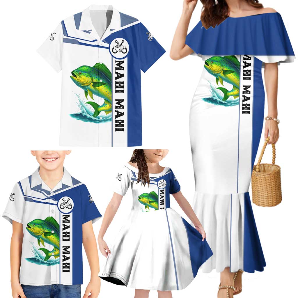 Mahi Mahi Fish Family Matching Mermaid Dress and Hawaiian Shirt Nautical Anchors and Wave Splash on White and Blue Split Background - Wonder Print Shop