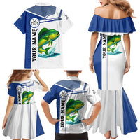 Mahi Mahi Fish Family Matching Mermaid Dress and Hawaiian Shirt Nautical Anchors and Wave Splash on White and Blue Split Background - Wonder Print Shop