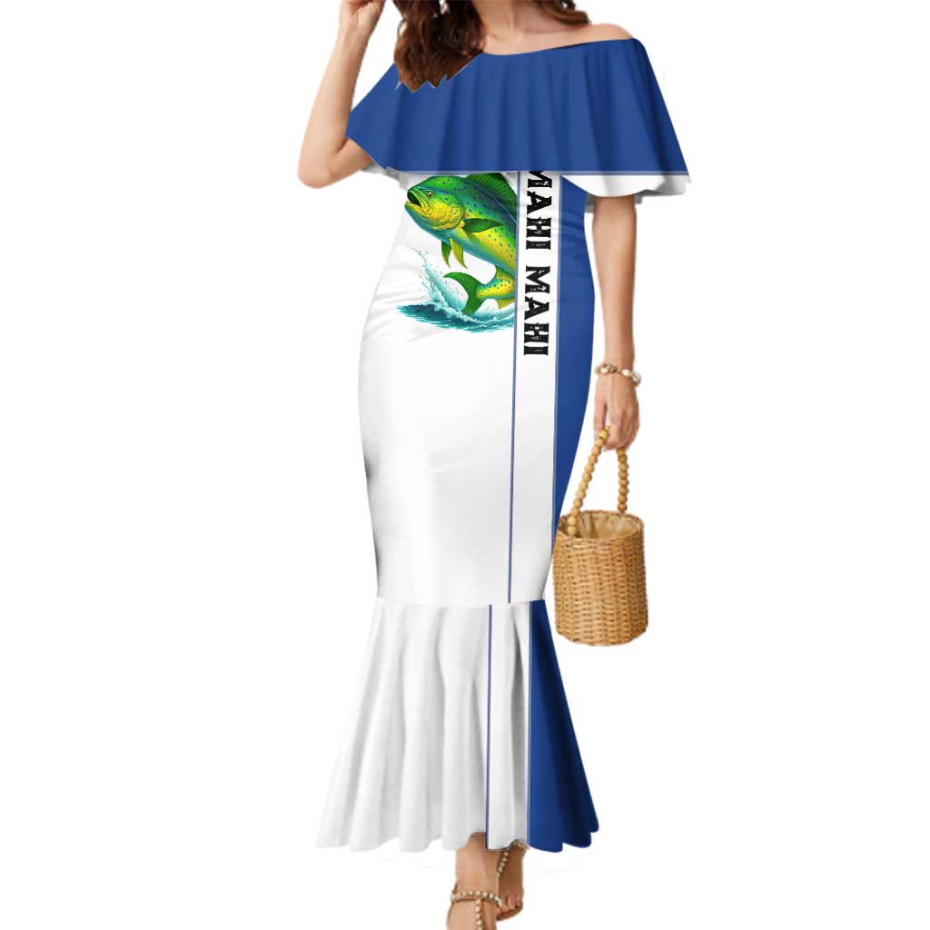 Mahi Mahi Fish Family Matching Mermaid Dress and Hawaiian Shirt Nautical Anchors and Wave Splash on White and Blue Split Background - Wonder Print Shop