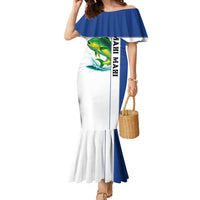 Mahi Mahi Fish Family Matching Mermaid Dress and Hawaiian Shirt Nautical Anchors and Wave Splash on White and Blue Split Background - Wonder Print Shop