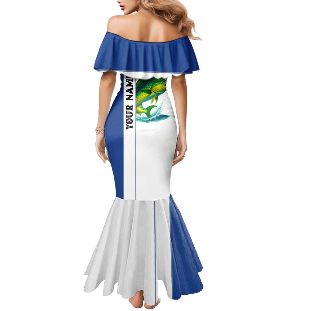 Mahi Mahi Fish Family Matching Mermaid Dress and Hawaiian Shirt Nautical Anchors and Wave Splash on White and Blue Split Background - Wonder Print Shop