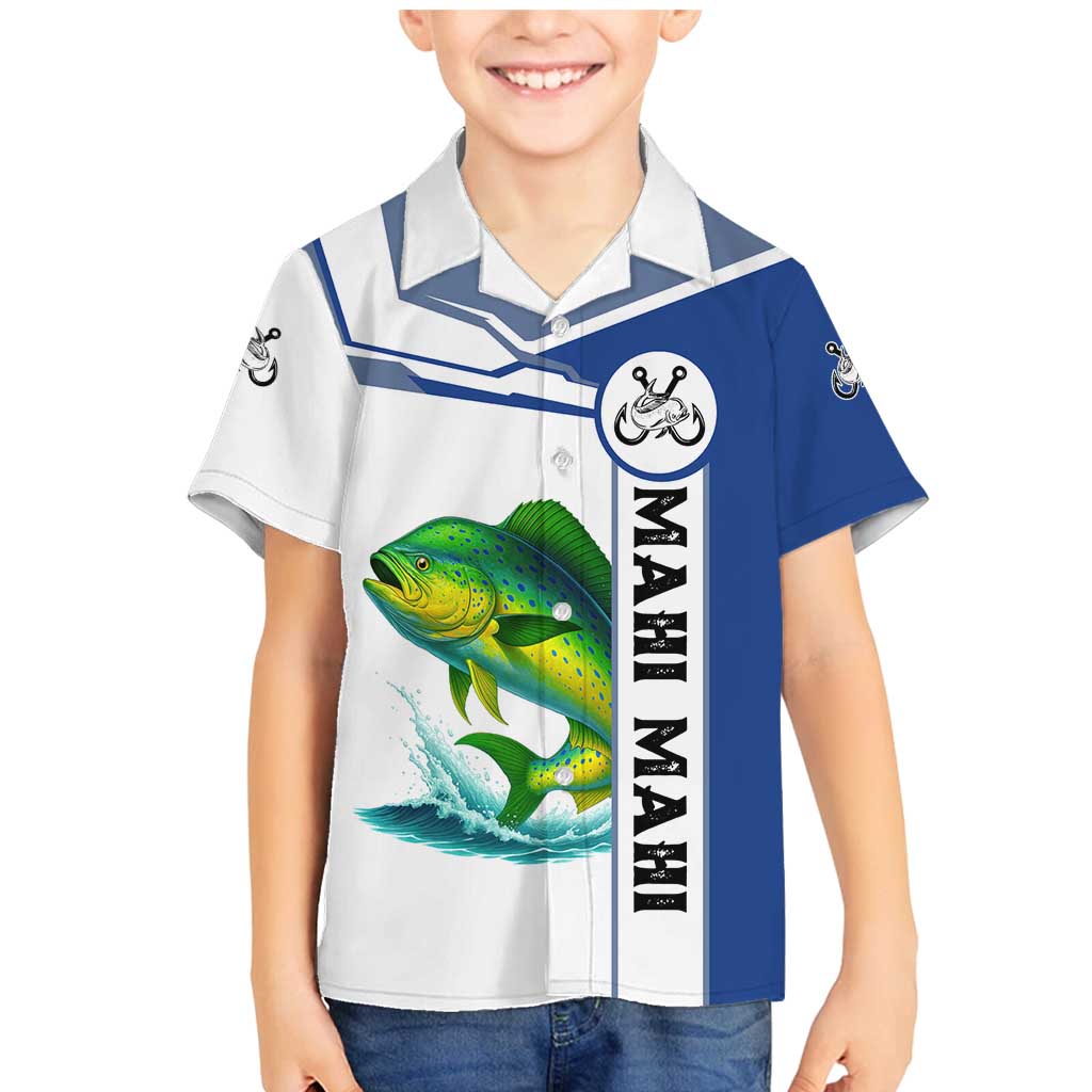Mahi Mahi Fish Family Matching Mermaid Dress and Hawaiian Shirt Nautical Anchors and Wave Splash on White and Blue Split Background - Wonder Print Shop