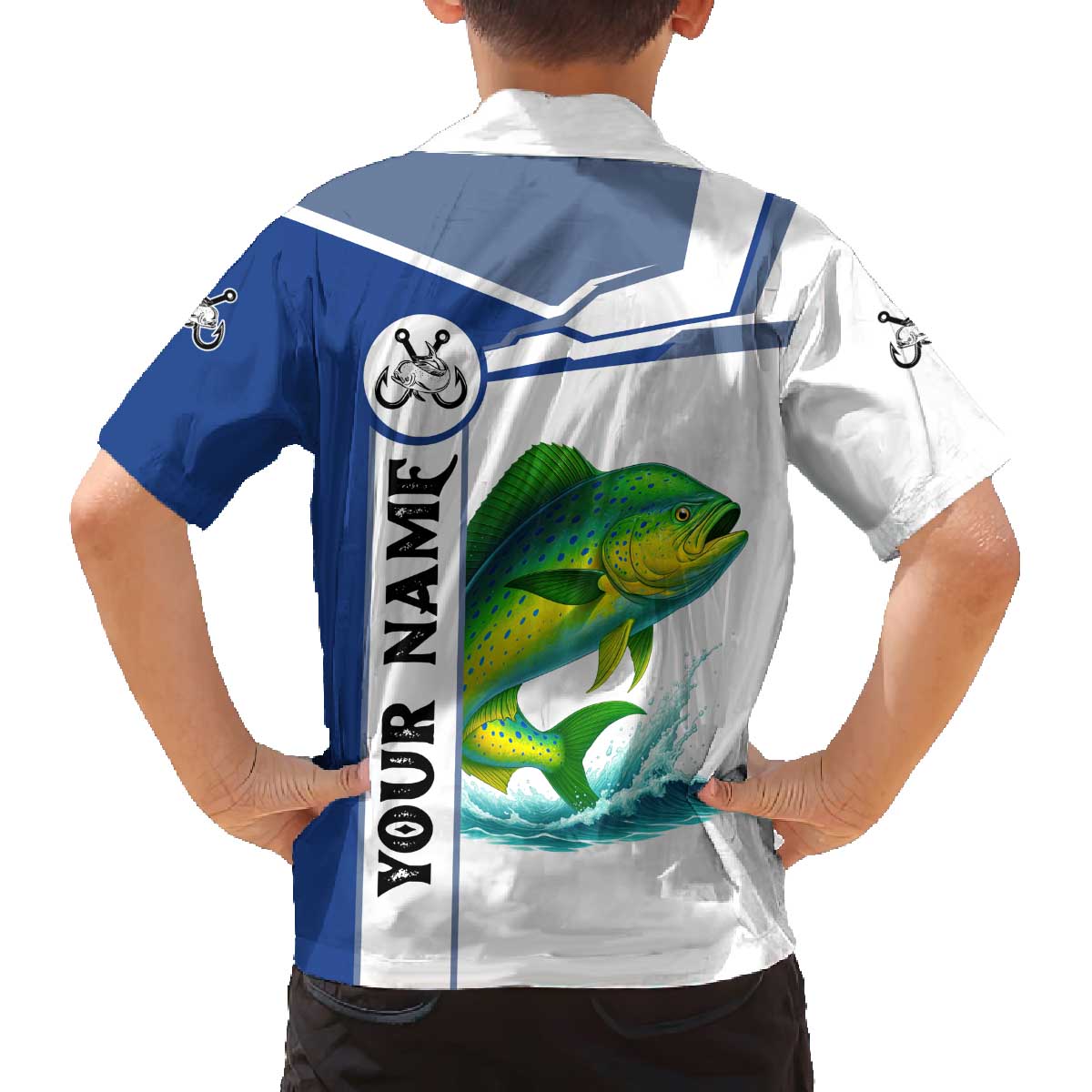 Mahi Mahi Fish Family Matching Off The Shoulder Long Sleeve Dress and Hawaiian Shirt Nautical Anchors and Wave Splash on White and Blue Split Background - Wonder Print Shop