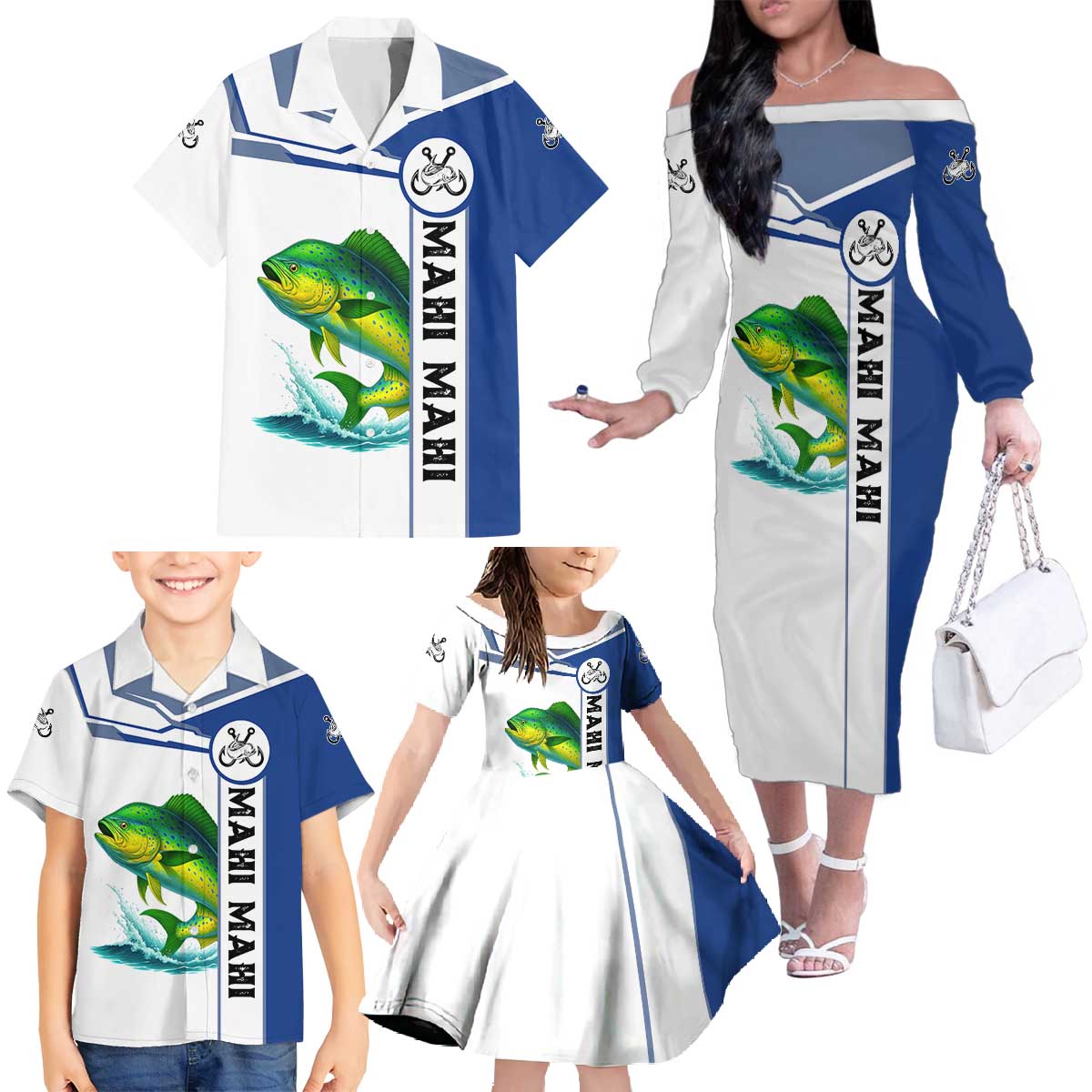 Mahi Mahi Fish Family Matching Off The Shoulder Long Sleeve Dress and Hawaiian Shirt Nautical Anchors and Wave Splash on White and Blue Split Background - Wonder Print Shop