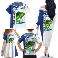 Mahi Mahi Fish Family Matching Off The Shoulder Long Sleeve Dress and Hawaiian Shirt Nautical Anchors and Wave Splash on White and Blue Split Background - Wonder Print Shop