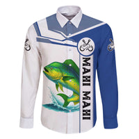 Mahi Mahi Fish Family Matching Off The Shoulder Long Sleeve Dress and Hawaiian Shirt Nautical Anchors and Wave Splash on White and Blue Split Background - Wonder Print Shop