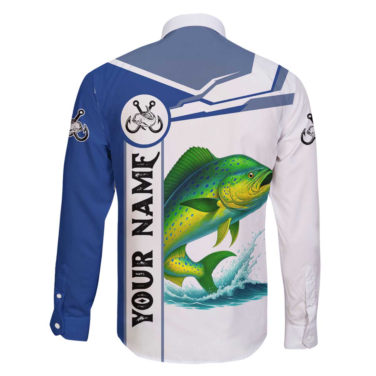 Mahi Mahi Fish Family Matching Off The Shoulder Long Sleeve Dress and Hawaiian Shirt Nautical Anchors and Wave Splash on White and Blue Split Background - Wonder Print Shop