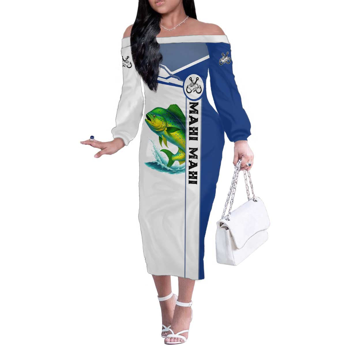 Mahi Mahi Fish Family Matching Off The Shoulder Long Sleeve Dress and Hawaiian Shirt Nautical Anchors and Wave Splash on White and Blue Split Background - Wonder Print Shop