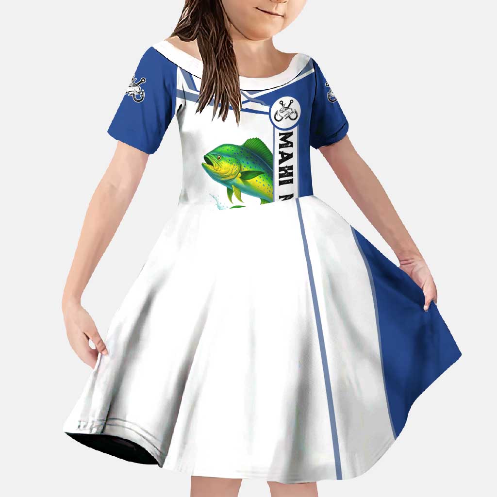 Mahi Mahi Fish Family Matching Off Shoulder Maxi Dress and Hawaiian Shirt Nautical Anchors and Wave Splash on White and Blue Split Background - Wonder Print Shop