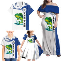 Mahi Mahi Fish Family Matching Off Shoulder Maxi Dress and Hawaiian Shirt Nautical Anchors and Wave Splash on White and Blue Split Background - Wonder Print Shop