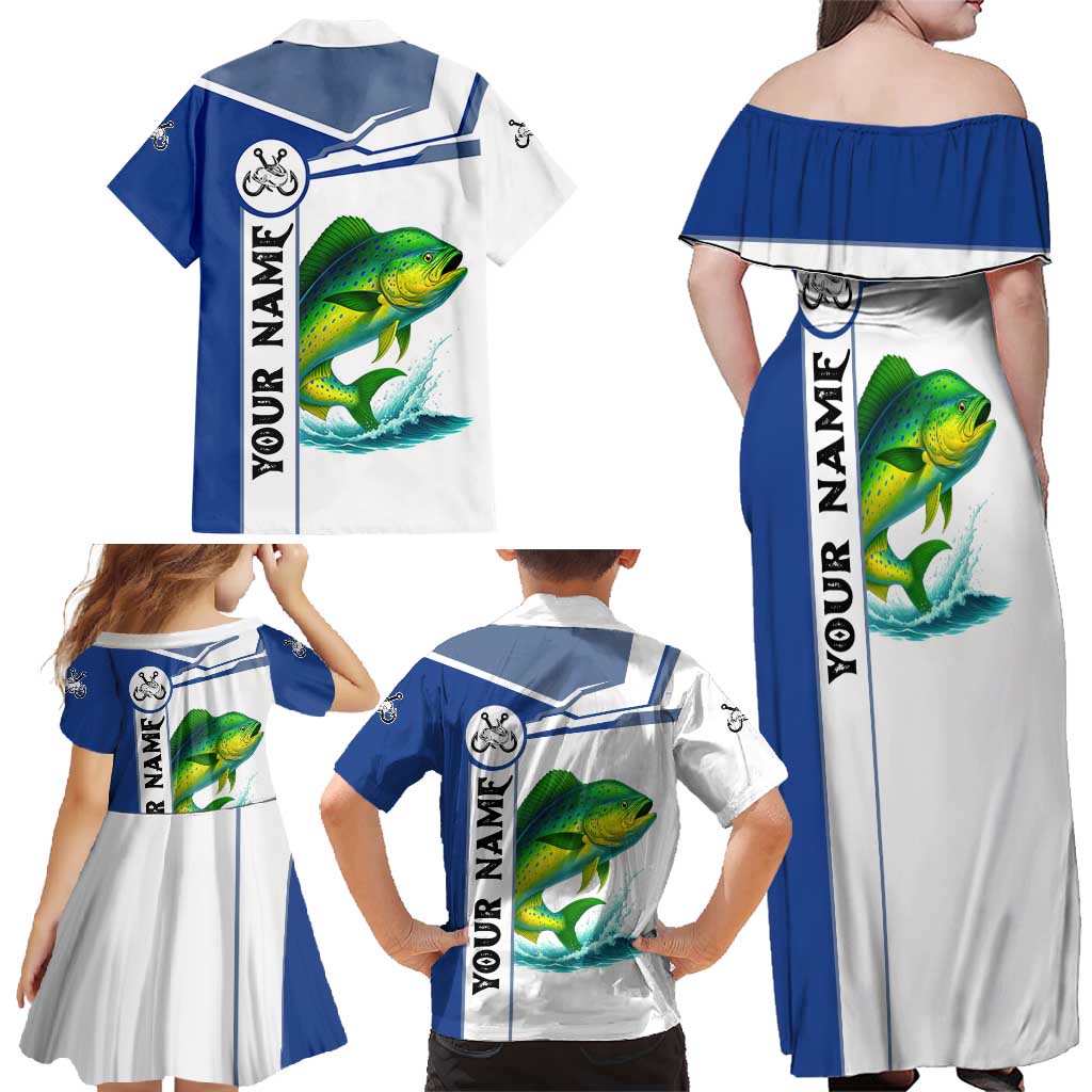 Mahi Mahi Fish Family Matching Off Shoulder Maxi Dress and Hawaiian Shirt Nautical Anchors and Wave Splash on White and Blue Split Background - Wonder Print Shop