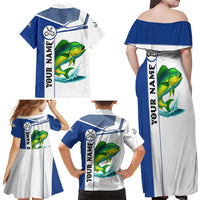 Mahi Mahi Fish Family Matching Off Shoulder Maxi Dress and Hawaiian Shirt Nautical Anchors and Wave Splash on White and Blue Split Background - Wonder Print Shop