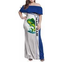 Mahi Mahi Fish Family Matching Off Shoulder Maxi Dress and Hawaiian Shirt Nautical Anchors and Wave Splash on White and Blue Split Background - Wonder Print Shop