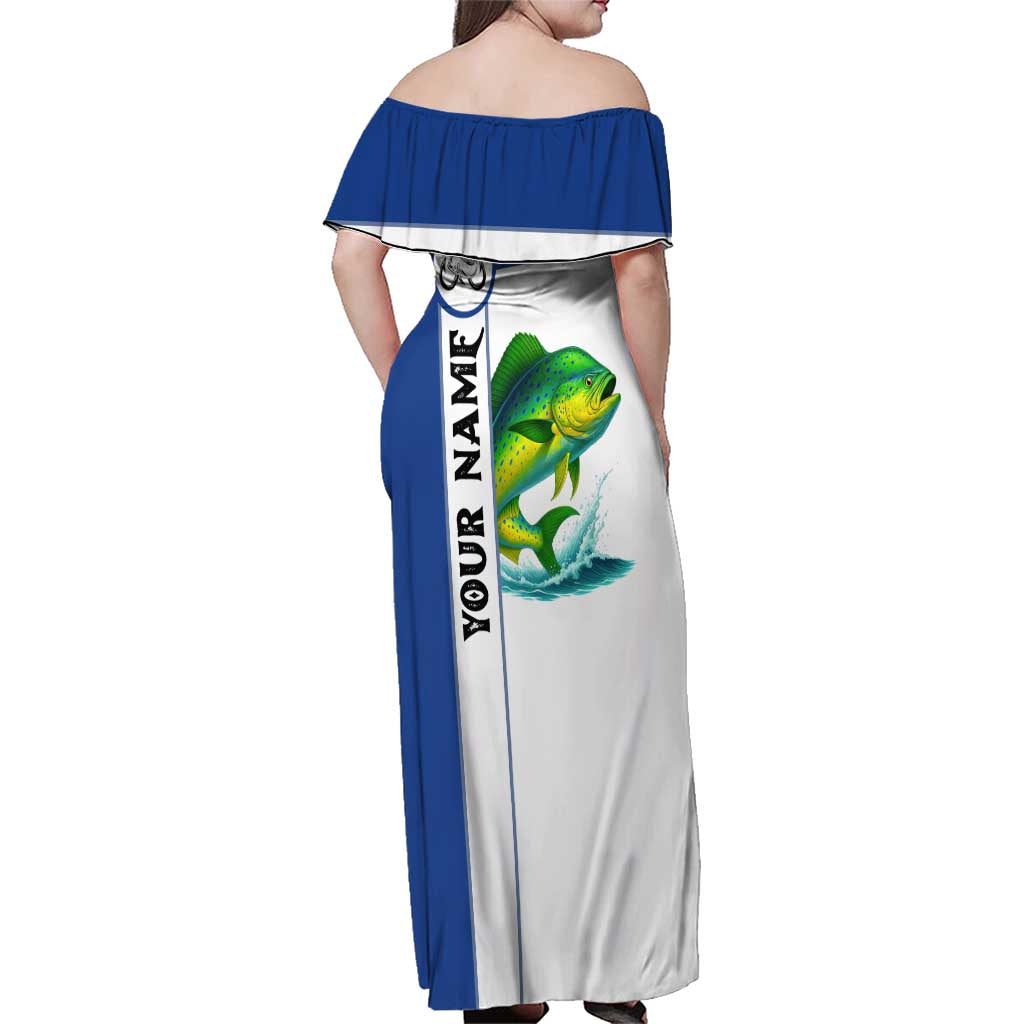 Mahi Mahi Fish Family Matching Off Shoulder Maxi Dress and Hawaiian Shirt Nautical Anchors and Wave Splash on White and Blue Split Background - Wonder Print Shop