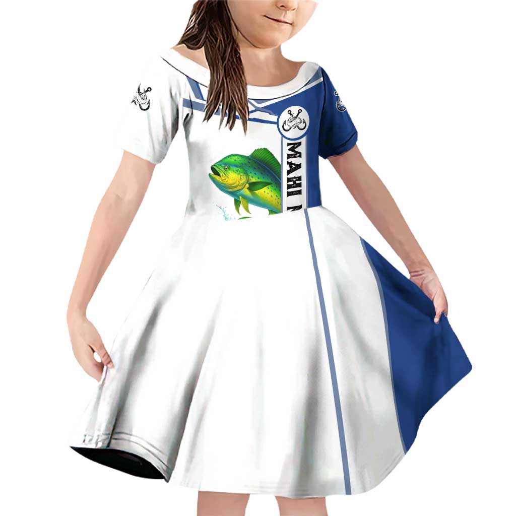 Mahi Mahi Fish Family Matching Off Shoulder Short Dress and Hawaiian Shirt Nautical Anchors and Wave Splash on White and Blue Split Background - Wonder Print Shop