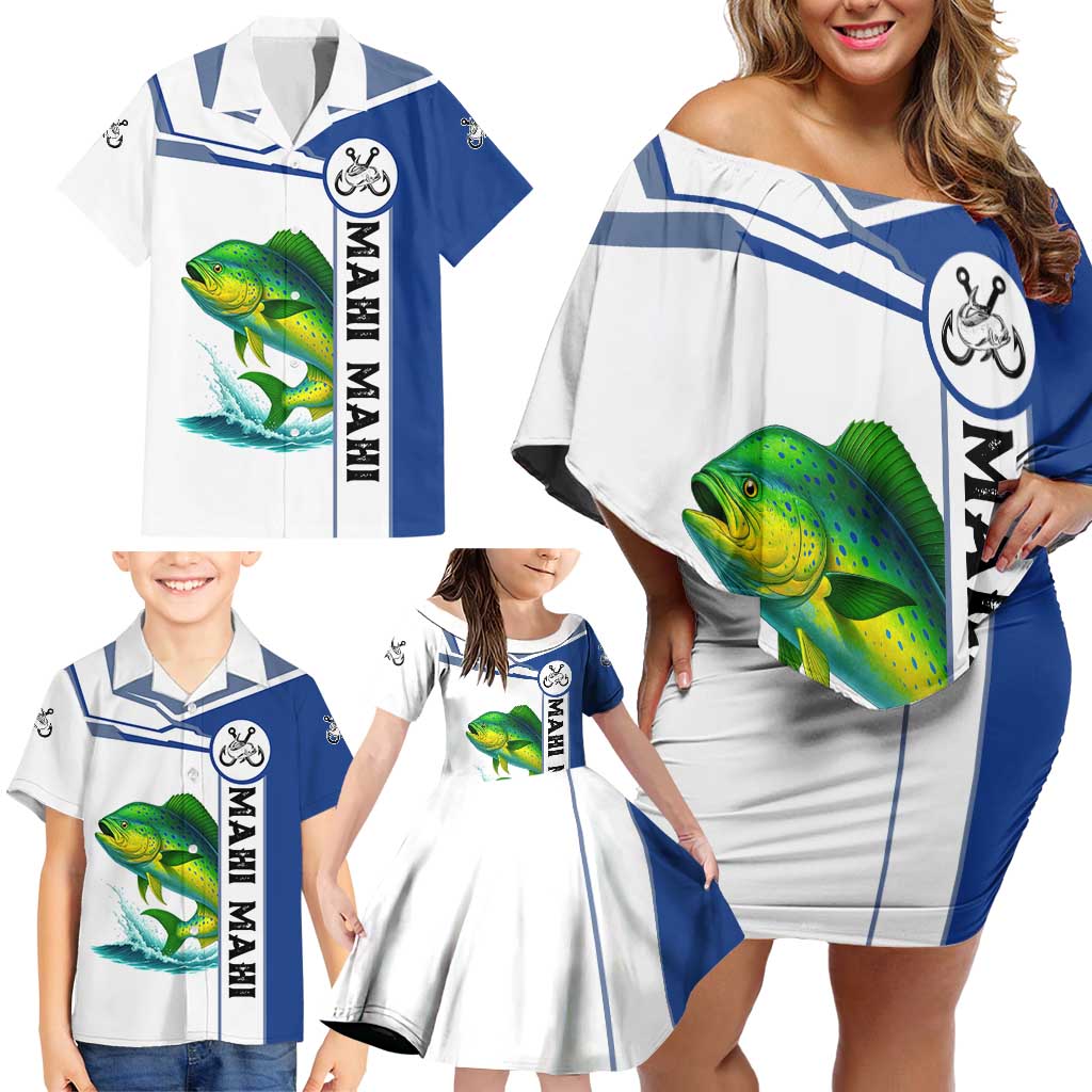 Mahi Mahi Fish Family Matching Off Shoulder Short Dress and Hawaiian Shirt Nautical Anchors and Wave Splash on White and Blue Split Background - Wonder Print Shop