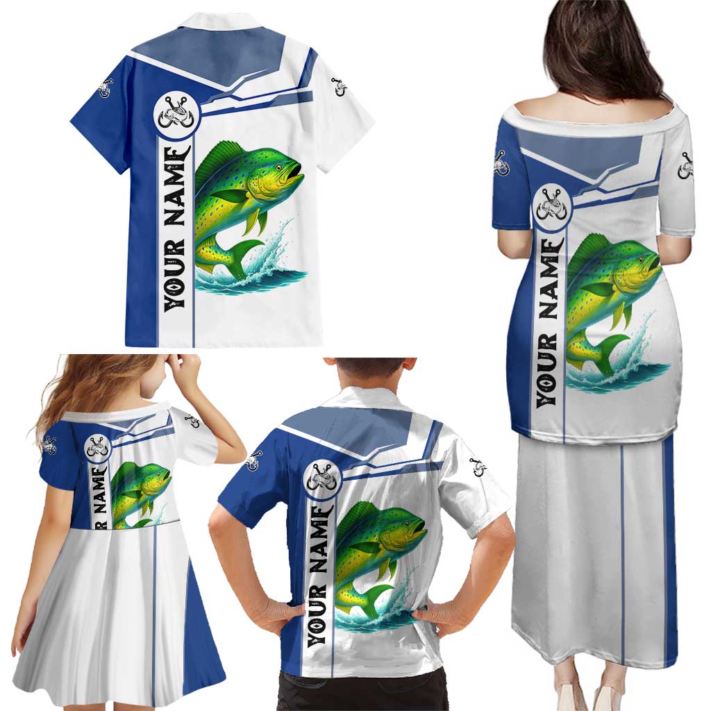 Mahi Mahi Fish Family Matching Puletasi and Hawaiian Shirt Nautical Anchors and Wave Splash on White and Blue Split Background - Wonder Print Shop