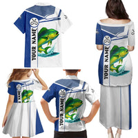Mahi Mahi Fish Family Matching Puletasi and Hawaiian Shirt Nautical Anchors and Wave Splash on White and Blue Split Background - Wonder Print Shop
