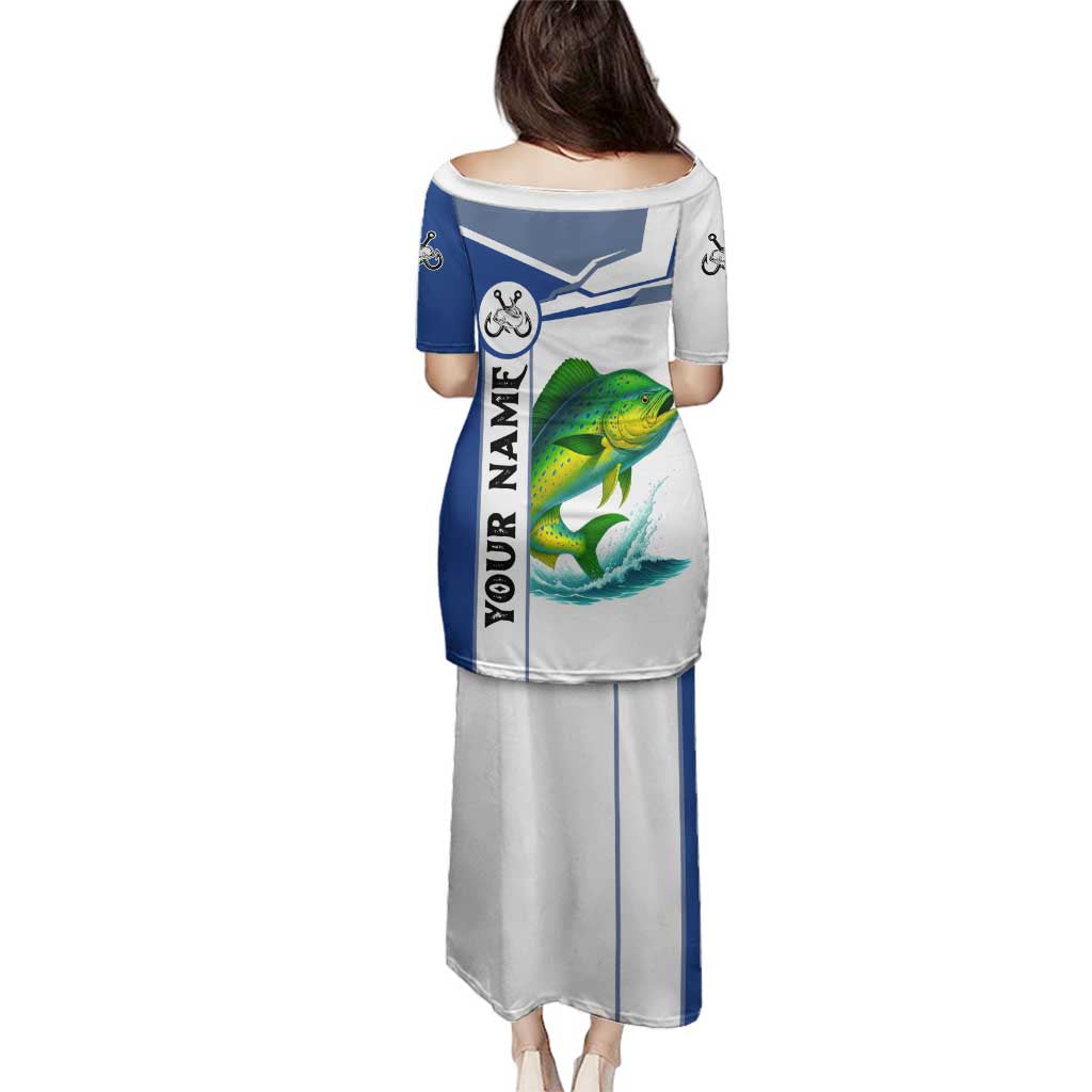 Mahi Mahi Fish Family Matching Puletasi and Hawaiian Shirt Nautical Anchors and Wave Splash on White and Blue Split Background - Wonder Print Shop