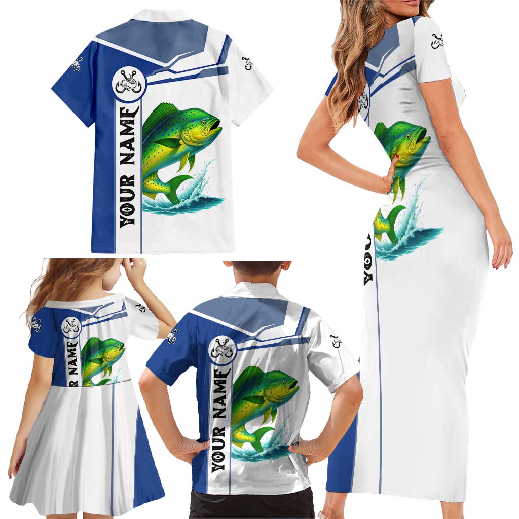 Mahi Mahi Fish Family Matching Short Sleeve Bodycon Dress and Hawaiian Shirt Nautical Anchors and Wave Splash on White and Blue Split Background - Wonder Print Shop