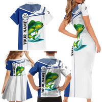 Mahi Mahi Fish Family Matching Short Sleeve Bodycon Dress and Hawaiian Shirt Nautical Anchors and Wave Splash on White and Blue Split Background - Wonder Print Shop