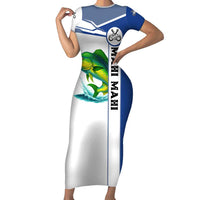 Mahi Mahi Fish Family Matching Short Sleeve Bodycon Dress and Hawaiian Shirt Nautical Anchors and Wave Splash on White and Blue Split Background - Wonder Print Shop