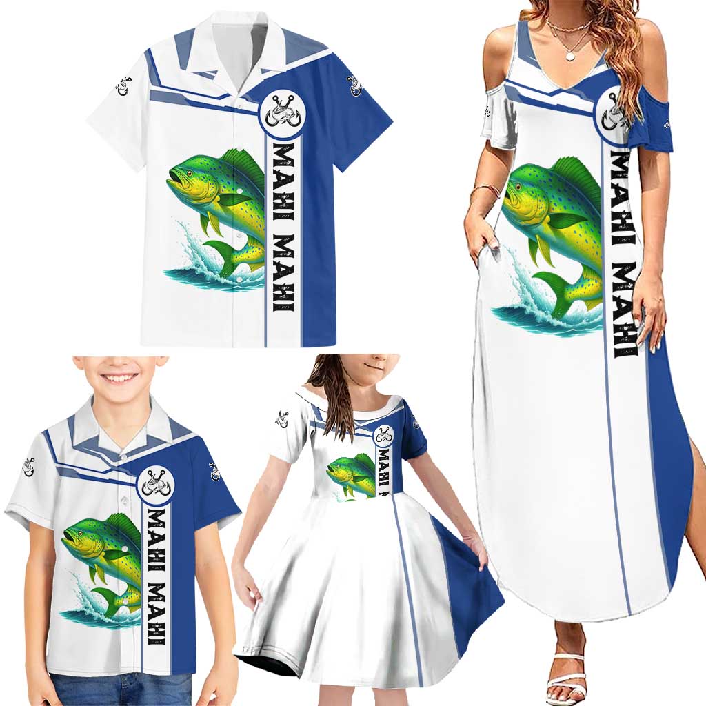 Mahi Mahi Fish Family Matching Summer Maxi Dress and Hawaiian Shirt Nautical Anchors and Wave Splash on White and Blue Split Background - Wonder Print Shop